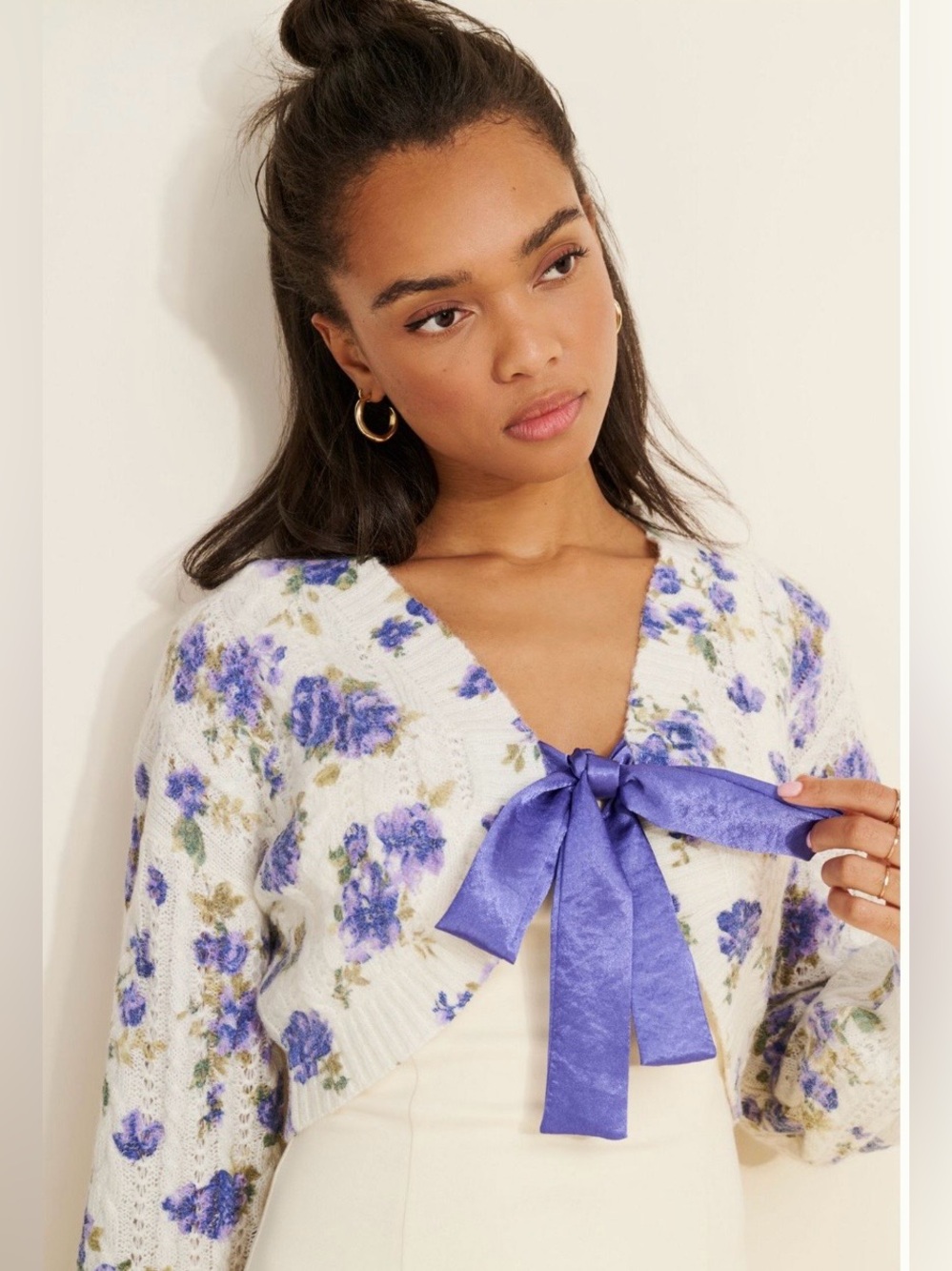 Periwinkle lavender blue floral cropped cardigan shrug with satin ribbon